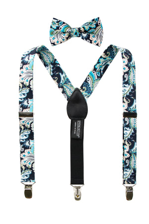 Boys' Floral Cotton Suspenders and Bow Tie Set, Marine (Color F50)