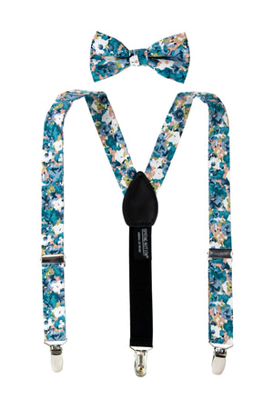 Boys' Floral Cotton Suspenders and Bow Tie Set, Teal (Color F69)