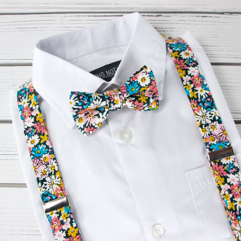 Boys' Floral Cotton Suspenders and Bow Tie Set, Navy/Coral (Color F71)
