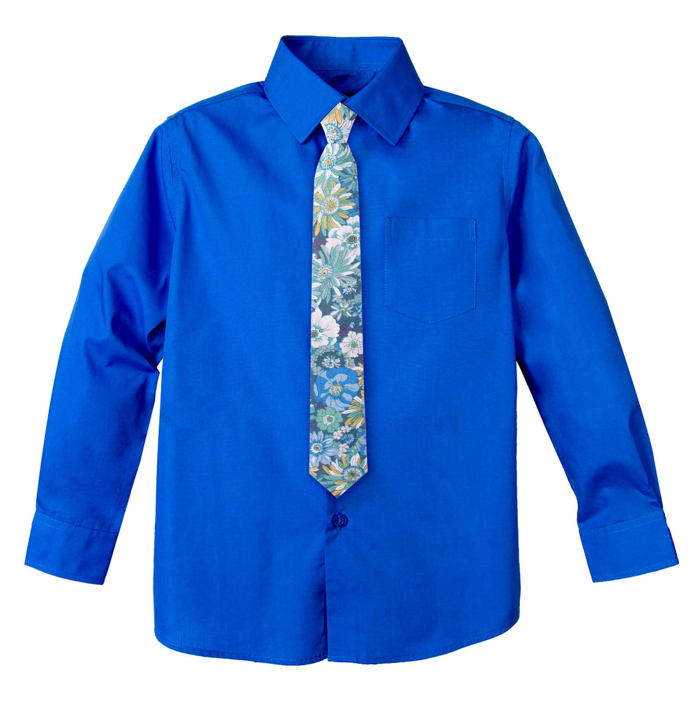 Boys' Cobalt Blue Cotton Blend Dress Shirt and Skinny Floral Cotton Necktie Set (Color F31)