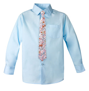 Boys' Cool Blue Cotton Blend Dress Shirt and Skinny Floral Cotton Necktie (Color F27)