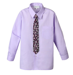 Boys' Lilac Cotton Blend Dress Shirt and Skinny Floral Cotton Necktie (Color F20)