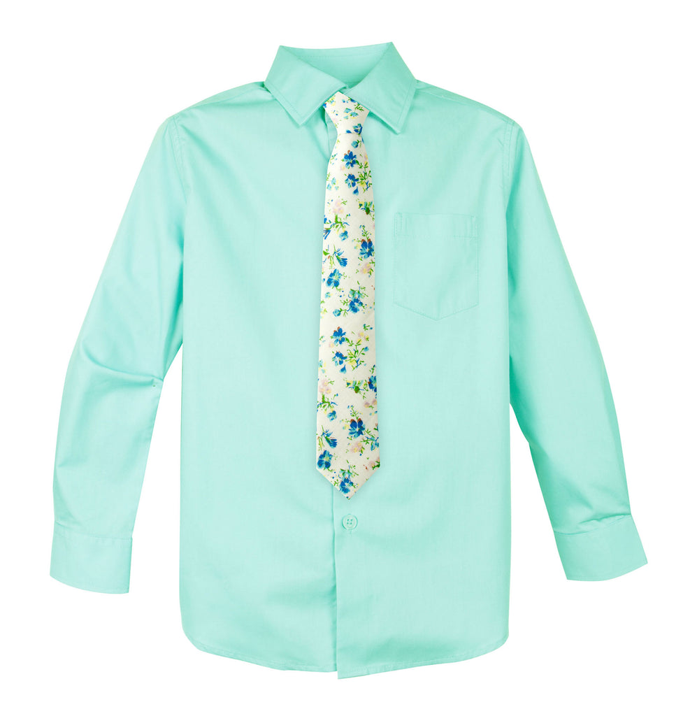 Boys' Mint Cotton Blend Dress Shirt and Skinny Floral Cotton Necktie (Color F26)
