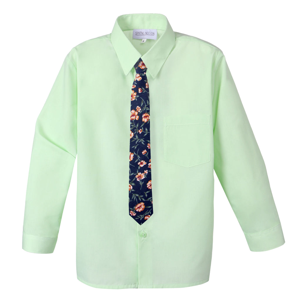 Boys' Pastel Green Cotton Blend Dress Shirt and Skinny Floral Necktie SPRING NOTION Boys' Pastel Green Cotton Blend Dress Shirt and Skinny Floral Necktie SPRING NOTION
