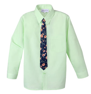 Boys' Pastel Green Cotton Blend Dress Shirt and Skinny Floral Necktie (Color F35)
