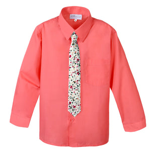 Boys' Coral Cotton Blend Dress Shirt and Skinny Floral Cotton Necktie Set (Color F22)