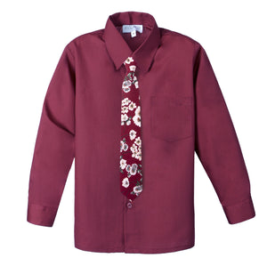 Boys' Burgundy Cotton Blend Dress Shirt and Skinny Floral Necktie (Color F37)