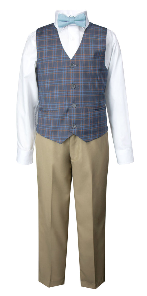 Boys' Plaid Checkers Tartan Suit Vest Waistcoat Brown Blue