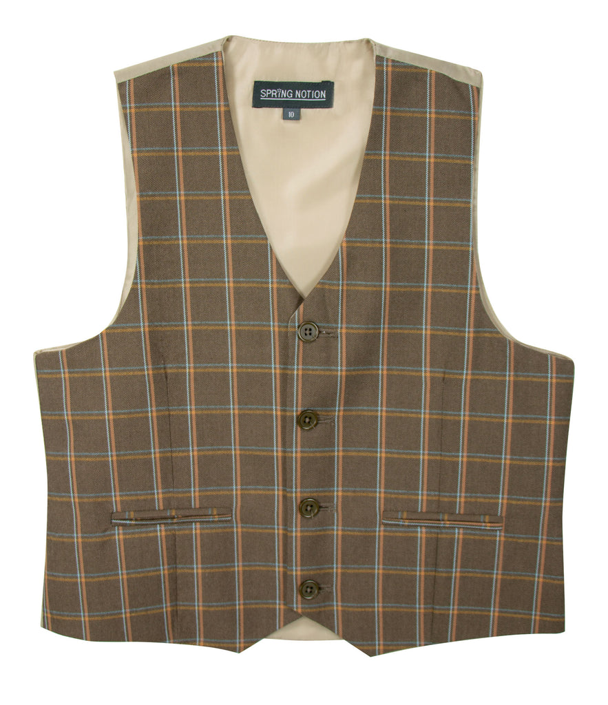 Boys' Plaid Checkers Tartan Suit Vest Waistcoat Brown Orange