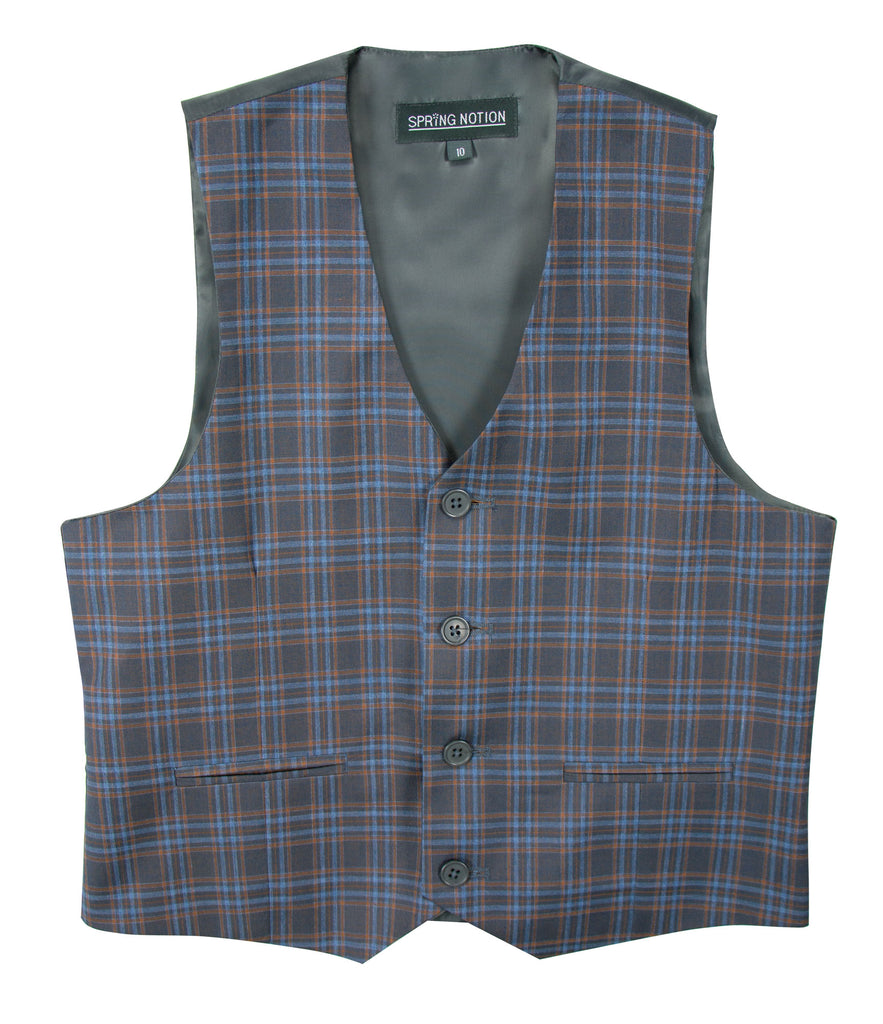 Boys' Plaid Checkers Tartan Suit Vest Waistcoat Brown Blue