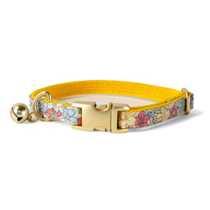 Cotton Floral Adjustable Cat Collar with Matt Gold Buckle and Bell, 01-Champagne and Blue