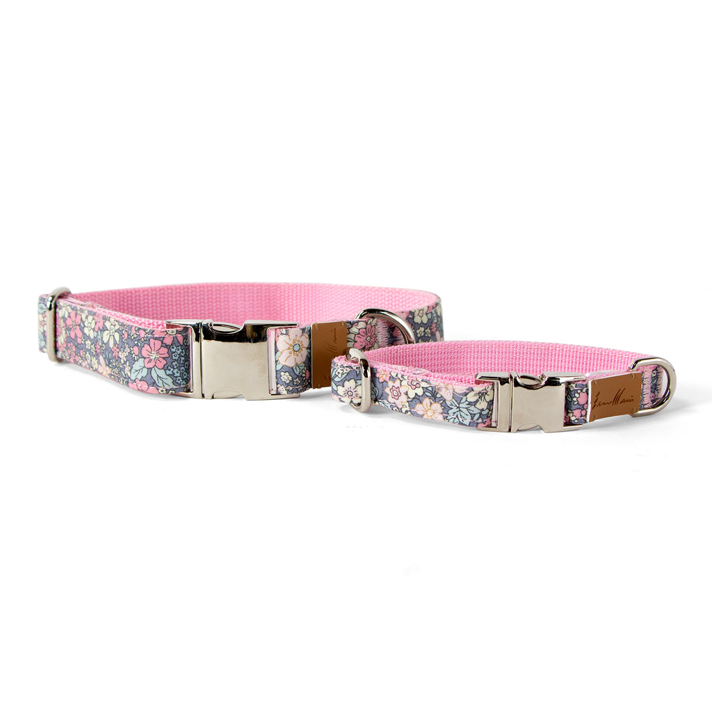 Cotton Floral Dog Collar with Shiny Chrome Silver Metal Buckle, 02-Blue