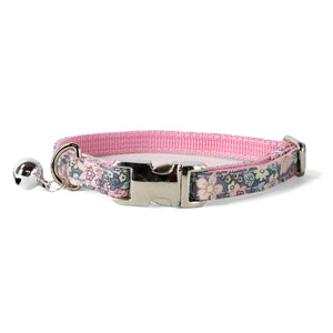 Cotton Floral Adjustable Cat Collar with Shiny Chrome Silver Buckle and Bell, 02-Blue