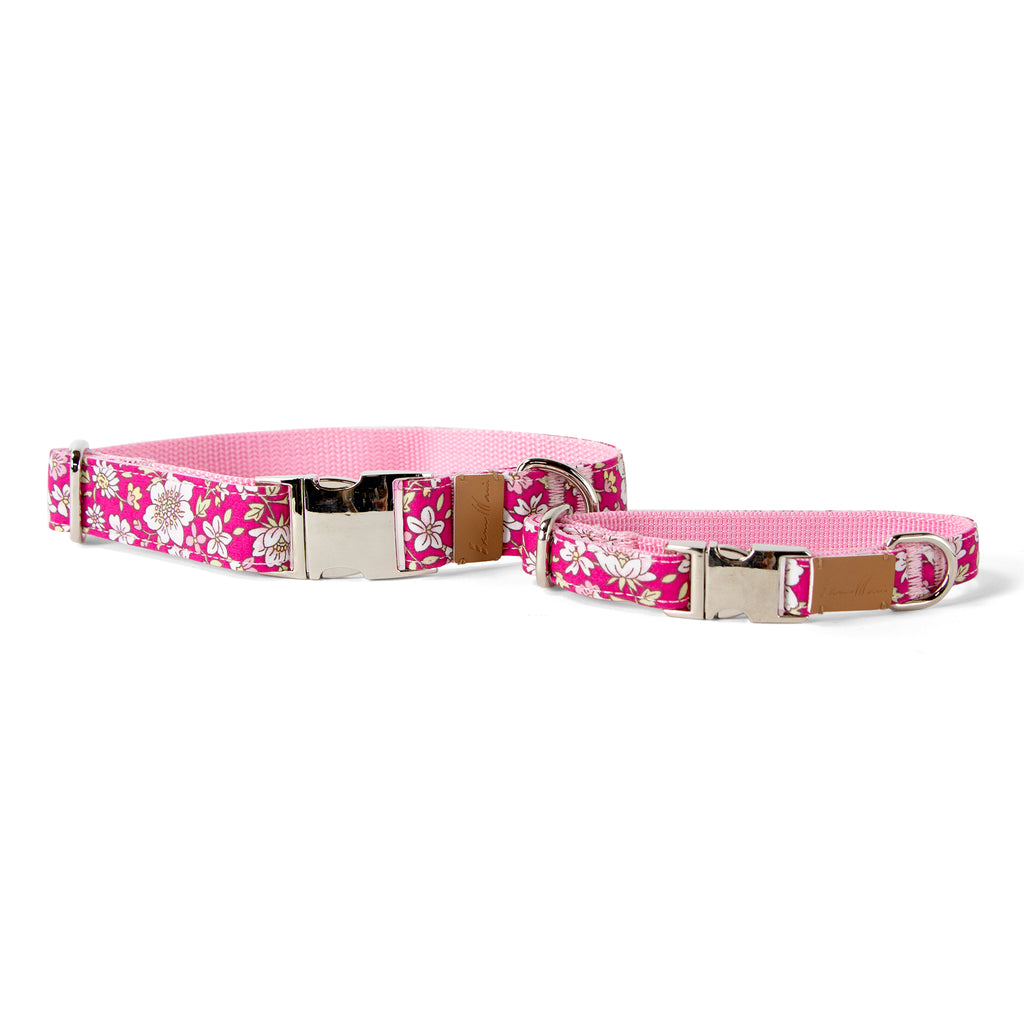 Cotton Floral Dog Collar with Shiny Chrome Silver Metal Buckle, 04-Pink