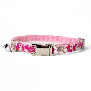 Cotton Floral Adjustable Cat Collar with Shiny Chrome Silver Buckle and Bell, 04-Pink