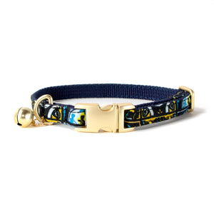 Cotton Floral Adjustable Cat Collar with Matt Gold Buckle and Bell, 05-Blue