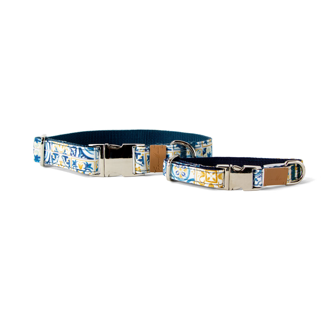 Cotton Floral Dog Collar with Shiny Chrome Silver Metal Buckle, 06-Light Blue