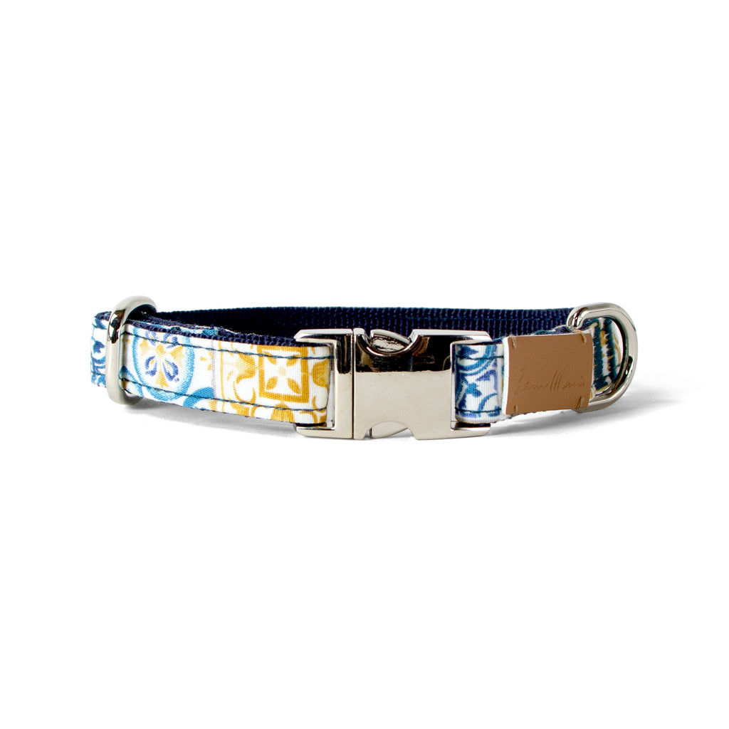 Cotton Floral Dog Collar with Shiny Chrome Silver Metal Buckle, 06-Light Blue