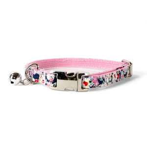 Cotton Floral Adjustable Cat Collar with Shiny Chrome Silver Buckle and Bell, 08-Navy Blue