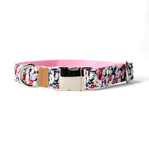 Cotton Floral Dog Collar with Shiny Chrome Silver Metal Buckle, 08-Navy Blue