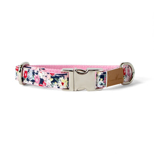 Cotton Floral Dog Collar with Shiny Chrome Silver Metal Buckle, 08-Navy Blue