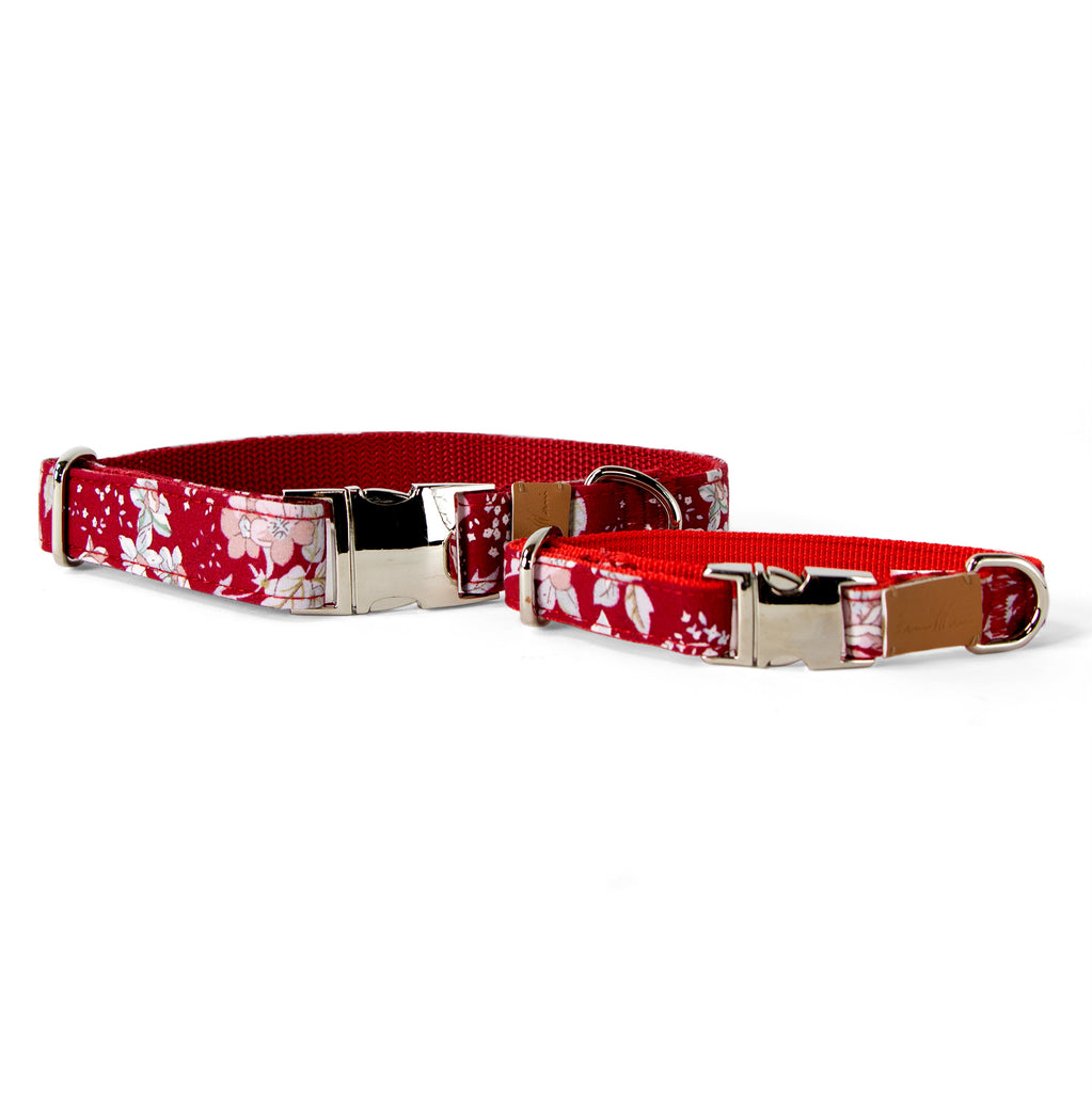 Cotton Floral Dog Collar with Shiny Chrome Silver Metal Buckle, 11-Red