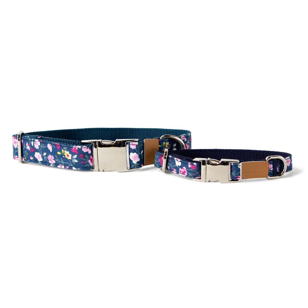 Cotton Floral Dog Collar with Shiny Chrome Silver Metal Buckle, 14-Navy