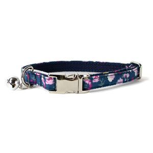 Cotton Floral Adjustable Cat Collar with Shiny Chrome Silver Buckle and Bell, 14-Navy