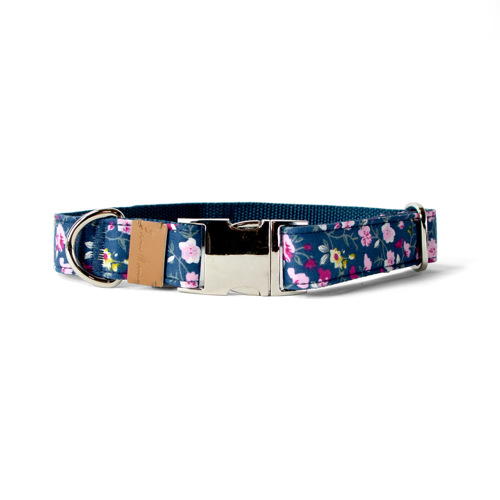 Cotton Floral Dog Collar with Shiny Chrome Silver Metal Buckle, 14-Navy
