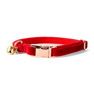 Velvet Adjustable Cat Collar with Metal Rose Gold Buckle and Bell, Red