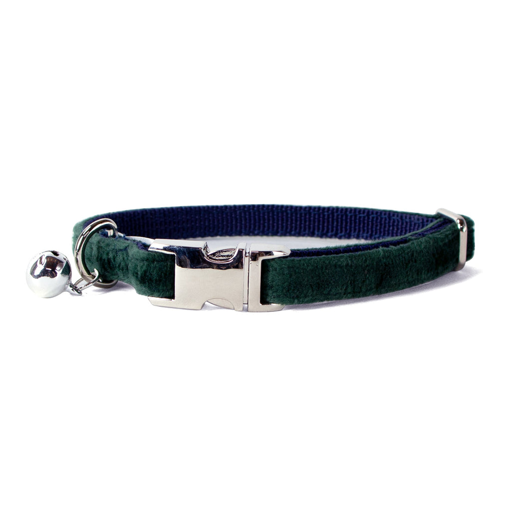 Velvet Adjustable Cat Collar with Metal Silver Chrome Buckle and Bell, Emerald