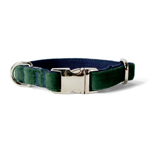 Velvet Dog Collar with Chrome Silver Metal Buckle, Emerald Green