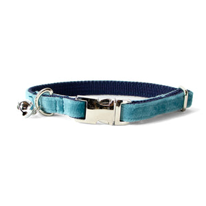 Velvet Adjustable Cat Collar with Metal Silver Chrome Buckle and Bell, Teal