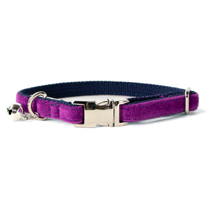 Velvet Adjustable Cat Collar with Metal Silver Chrome Buckle and Bell, Plum Purple