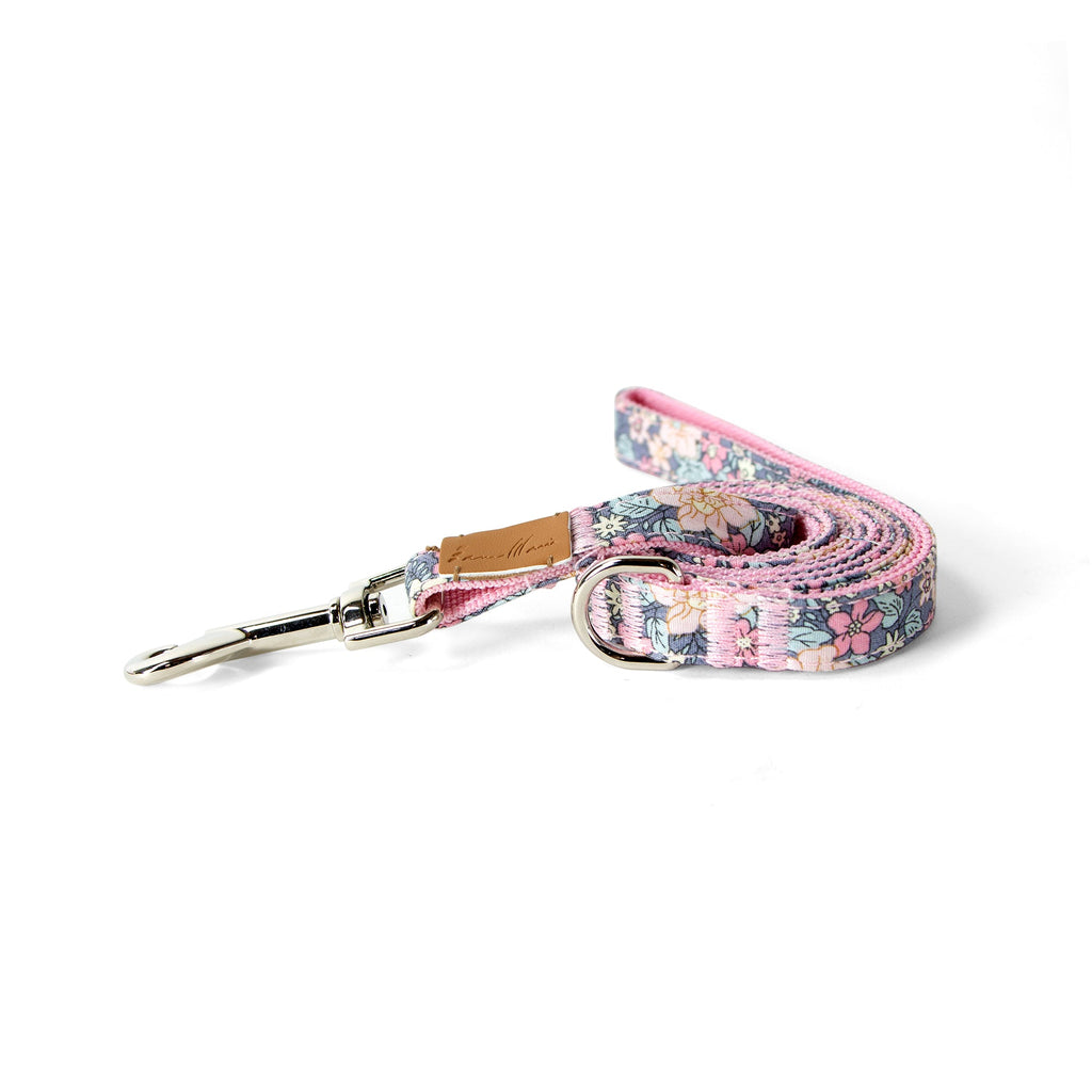 Cotton Floral Dog Leash with Shiny Chrome Silver Metal Snap and D-Ring, 02-Blue