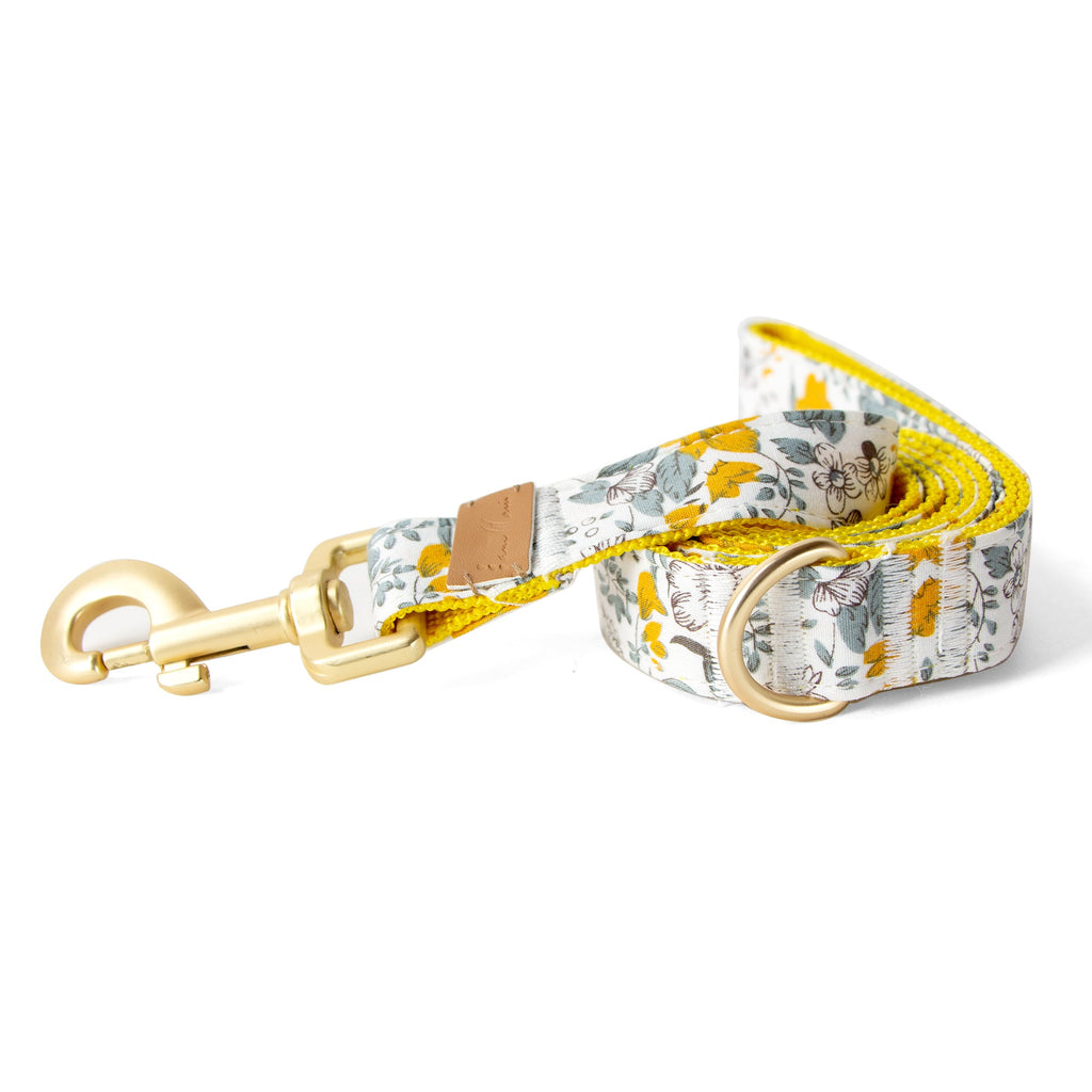 Cotton Floral Dog Leash with Matt Gold Metal Snap and D-Ring, 07-Marigold