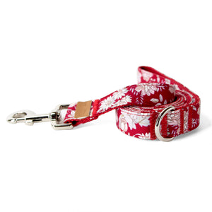 Cotton Floral Dog Leash with Shiny Chrome Silver Metal Snap and D-Ring, 11-Red