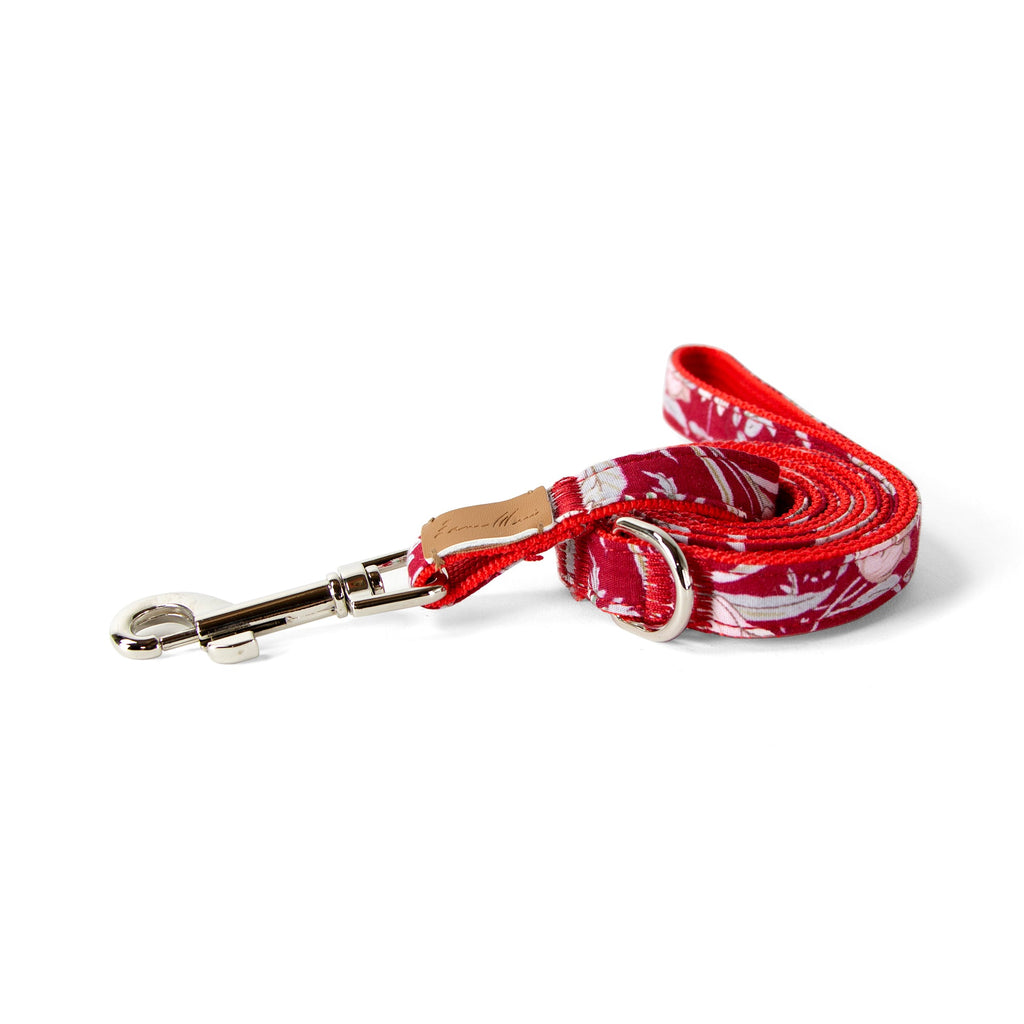 Cotton Floral Dog Leash with Shiny Chrome Silver Metal Snap and D-Ring, 11-Red
