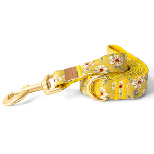 Cotton Floral Dog Leash with Matt Gold Metal Snap and D-Ring, 13-Mustard