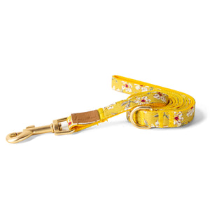Cotton Floral Dog Leash with Matt Gold Metal Snap and D-Ring, 13-Mustard