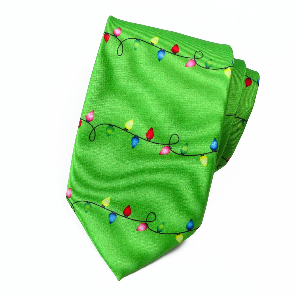 Men's Printed Microfiber Christmas Themed Tie, Christmas String Lights Green