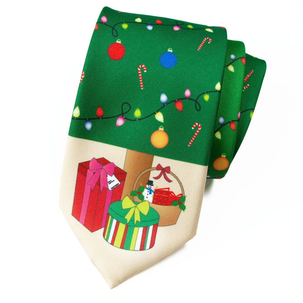Men's Printed Microfiber Christmas Themed Tie, Christmas Tree Green