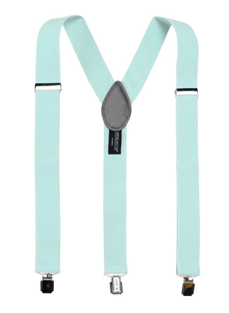 men's aqua blue green elastic stretch suspenders with genuine leather crosspatch with subtle Spring Notion branding