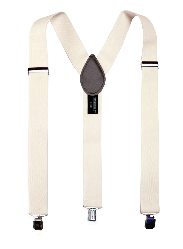 men's ivory elastic stretch suspenders with genuine leather crosspatch with subtle Spring Notion branding