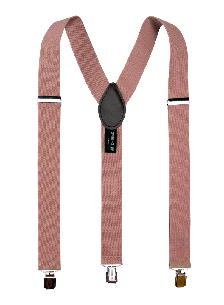 men's pink copper metallic elastic stretch suspenders with genuine leather crosspatch with subtle Spring Notion branding