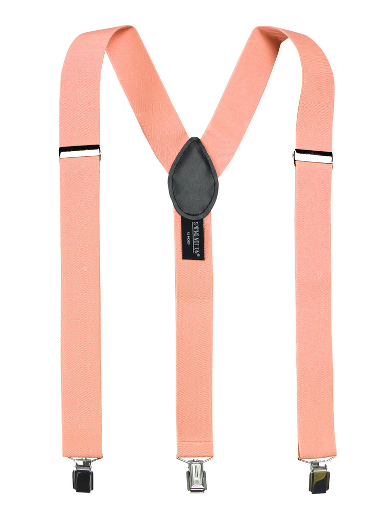 men's petal lavender purple pink elastic stretch suspenders with genuine leather crosspatch with subtle Spring Notion branding