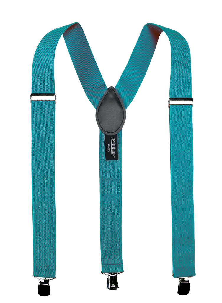 men's teal blue green elastic stretch suspenders with genuine leather crosspatch with subtle Spring Notion branding