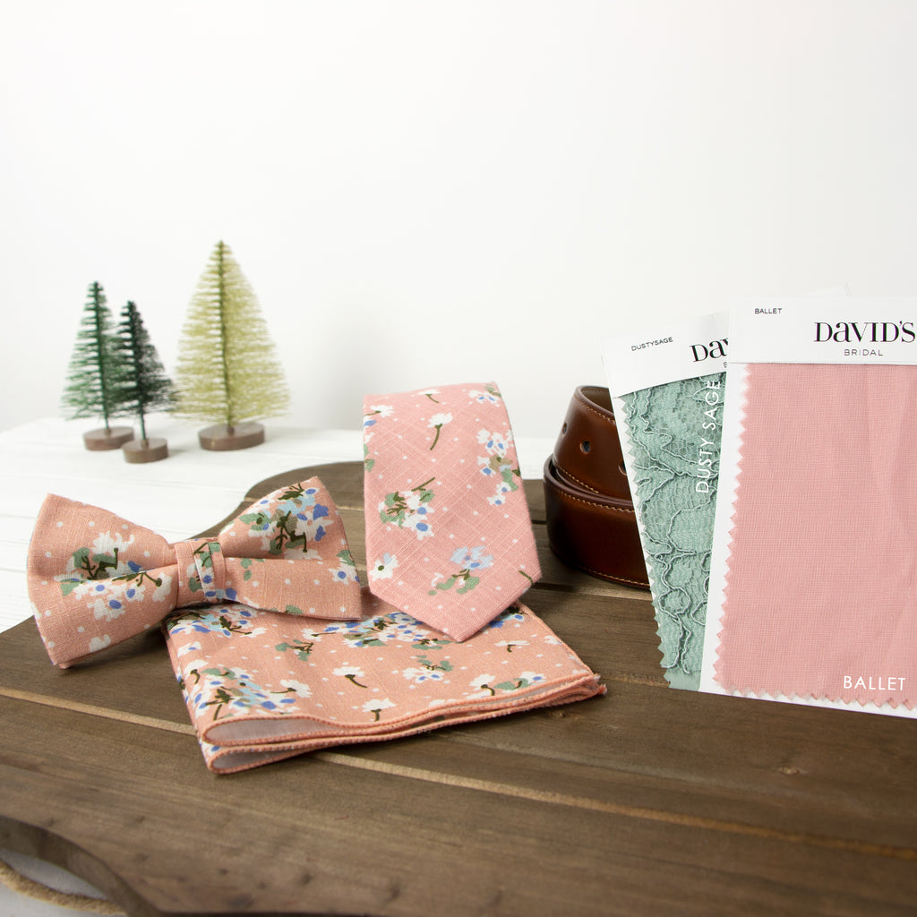 Men's Cotton Floral Print Bow Tie, Light Pink (Color F18)