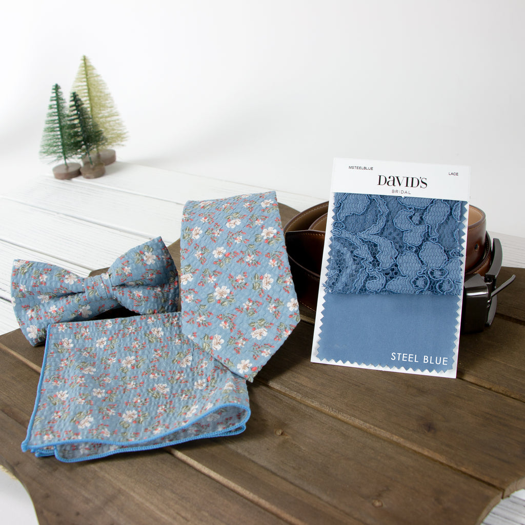 Men's Salt Shrinking Seersucker Cotton Floral Print Necktie, Blue (Color FS02)